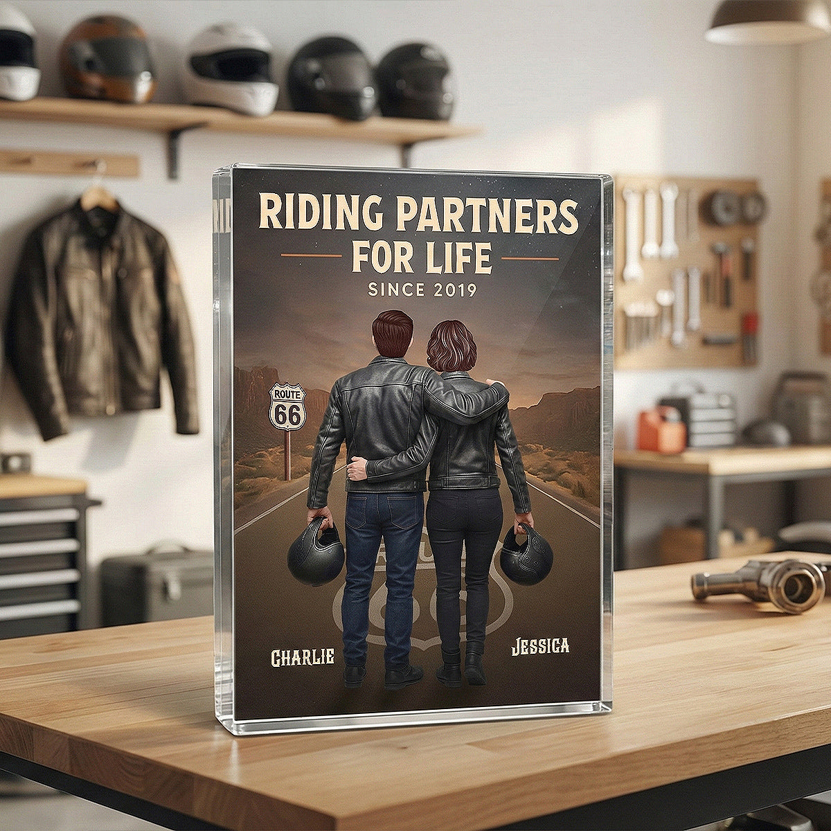 Eternal Love Back View Biker Couple Riding Partners For Life - Personalized Acrylic Block Plaque - Gift For Couple, Bikers, Gift For Him, For Her