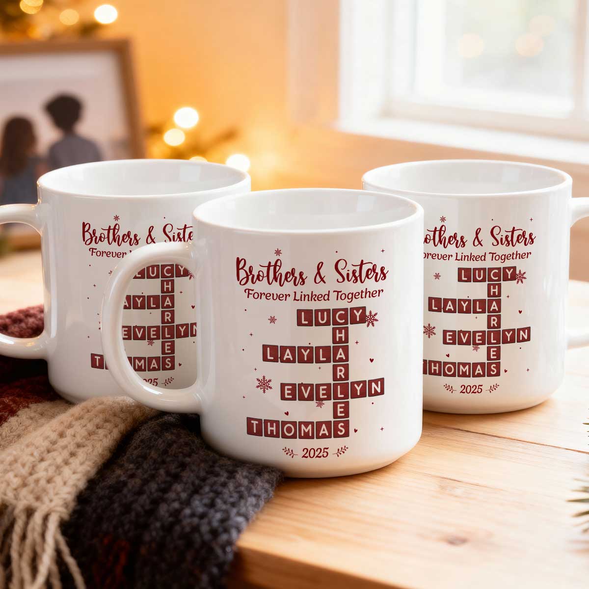 Festive Christmas Brothers Sisters Crossword Puzzle Art - Personalized Mug - Christmas Gift For Siblings, Brothers, Sisters
