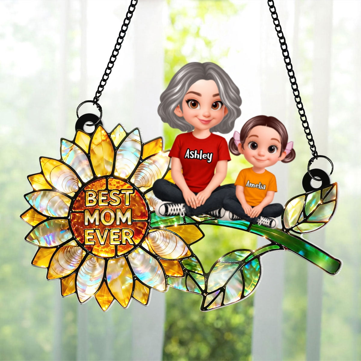Sunflower Mom Grandma and Grandkids Sitting - Personalized Window Hanging Suncatcher - Mother's Day Gift for Mom, Wife