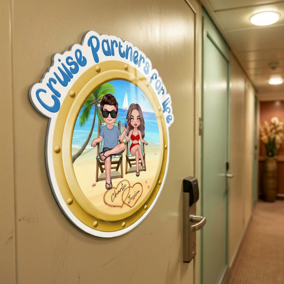 Cruise Partners For Life Porthole Doll Couple Sitting On The Beach - Personalized Cruise Ship Door Magnet