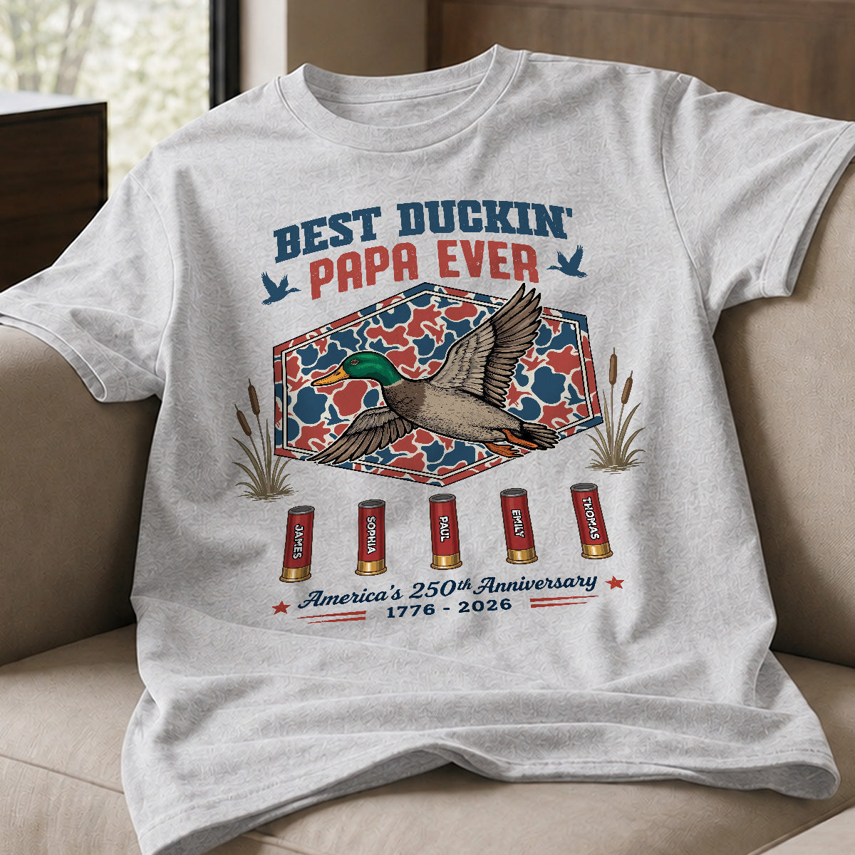 Best Duckin' Dad Grandpa Custom Kid Names - Personalized Shirt - American 250th Anniversary Gift For Patriotics Duck Hunting