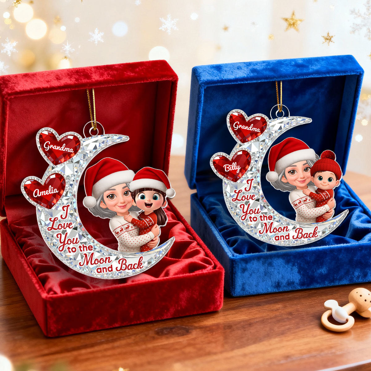 3D Effect Flat Moon Grandma Grandkid Love You To The Moon And Back - Personalized Acrylic Ornament - Christmas Gift For All Grandkids