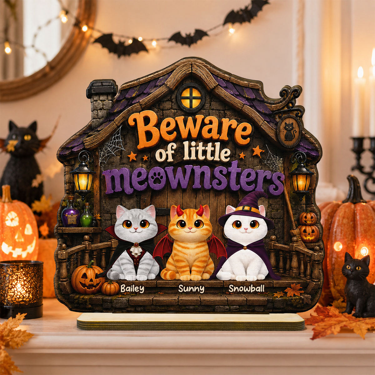 Spooky Halloween Beware of Little Meownsters Cats - Personalized 2-Layered Wooden Plaque - Halloween Gift For Cat Lovers, Halloween Decor