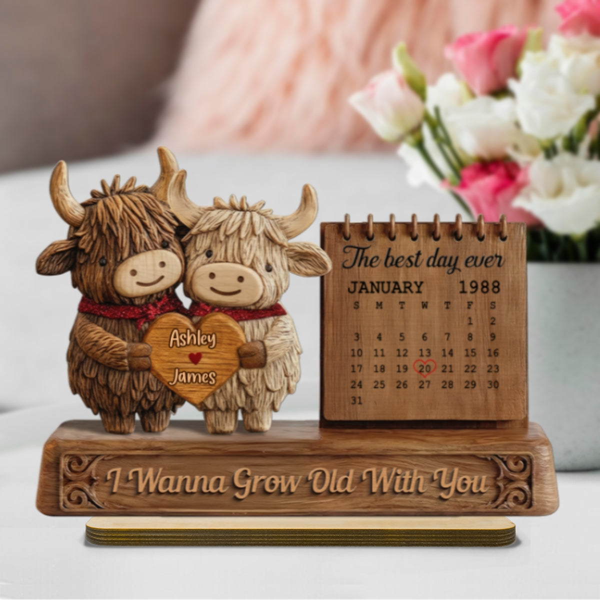 3D Effect Couple Animals Gnome Anniversary Date Calendar - Personalized 2-Layered Wooden Plaque