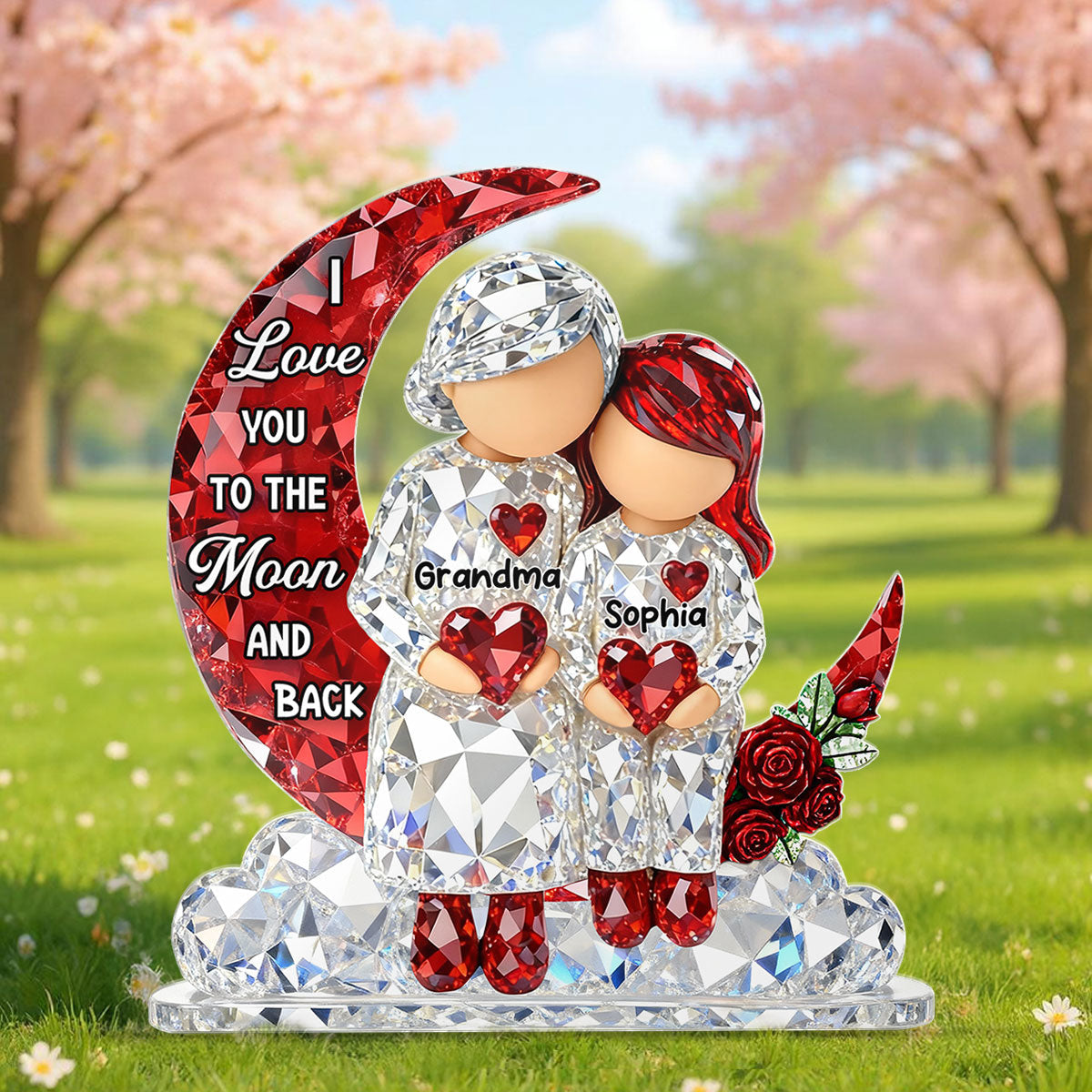 3D Crystal Effect Grandma Grandpa Grandkid Sitting on Moon - Personalized Acrylic Block Plaque - Heartfelt Home Decor for Grandma