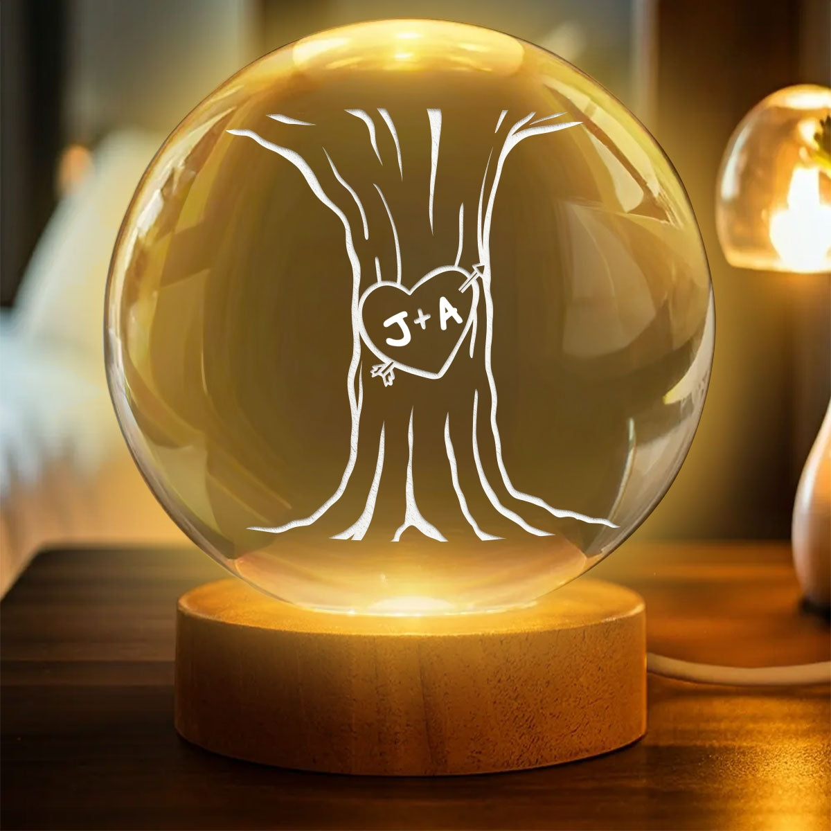 Eternal Love Couple Initial Names Heart Carved Tree - Personalized Crystal Ball LED Night Light - Valentine's Day Gift For Couple