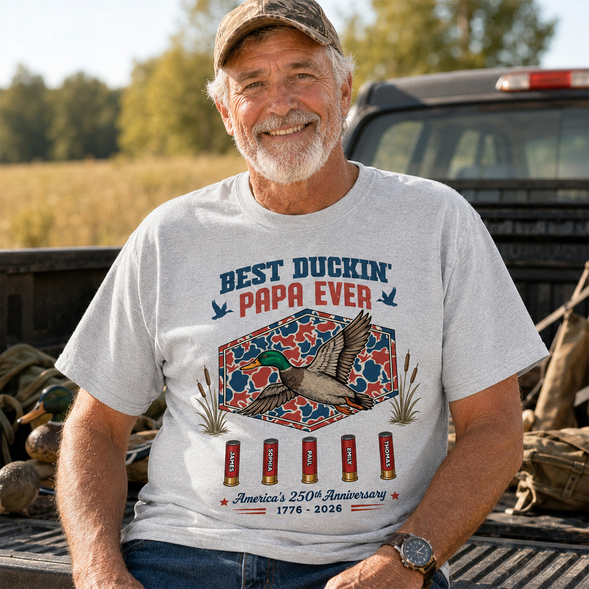 Best Duckin' Dad Grandpa Custom Kid Names - Personalized Shirt - American 250th Anniversary Gift For Patriotics Duck Hunting