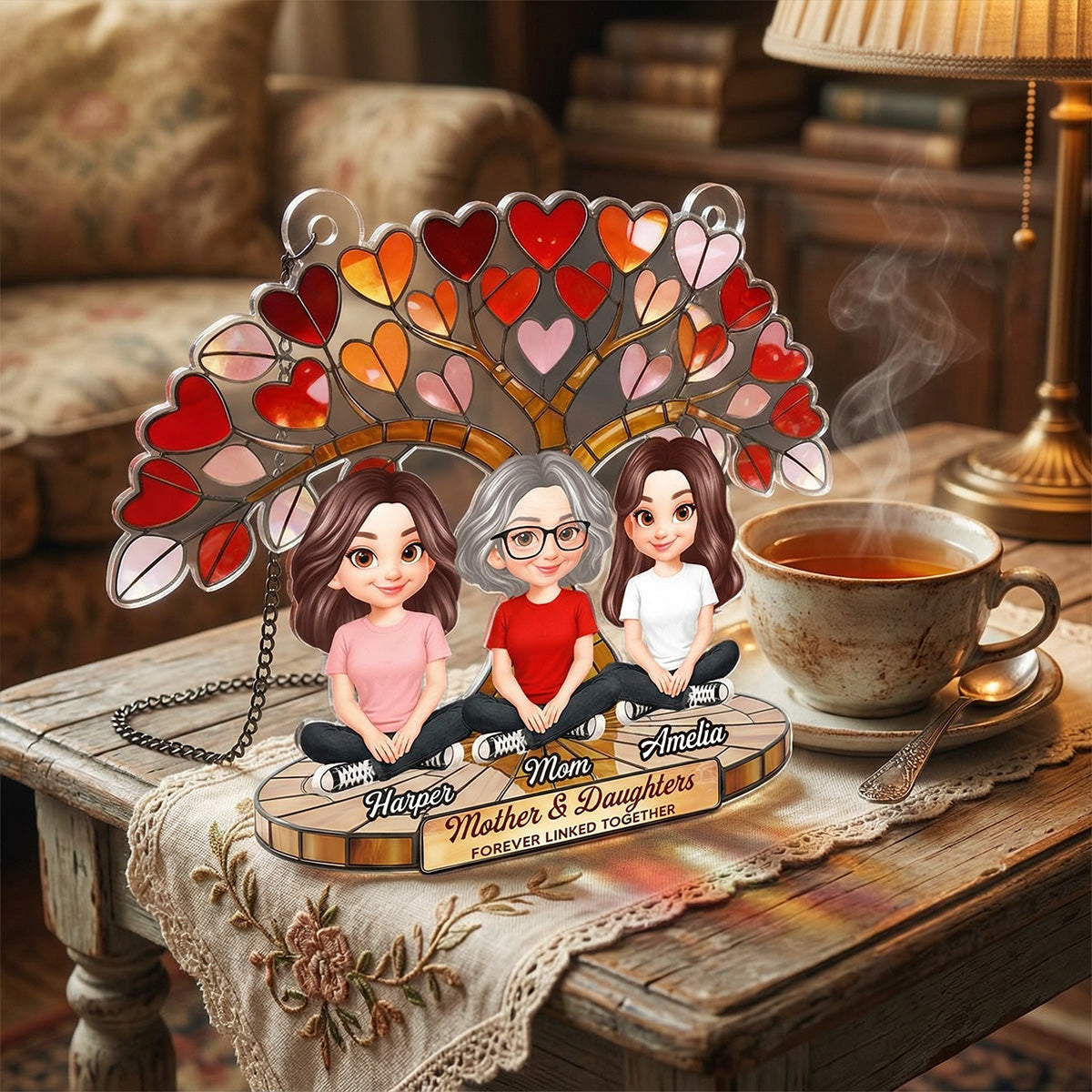 Mom And Son Daughter Under Heart Tree Forever Linked Together - Personalized Suncatcher Ornament - Gift For Mom
