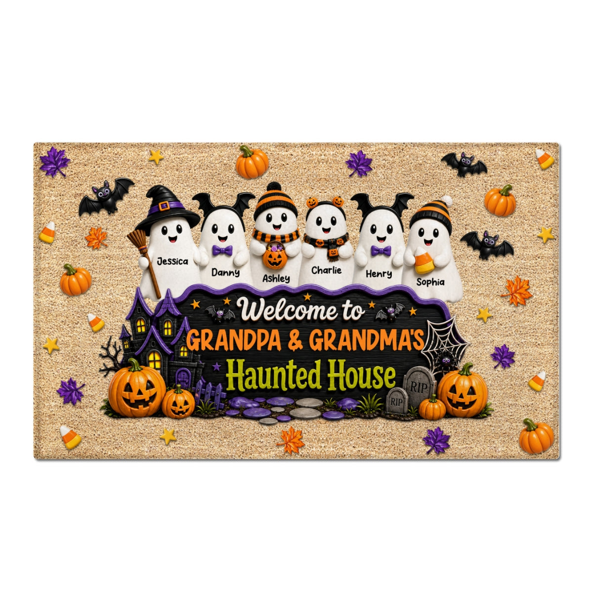 Halloween Welcome To Grandma Grandpa Haunted House Cute Boo Kids - Personalized Doormat - Halloween Decoration For Grandparents