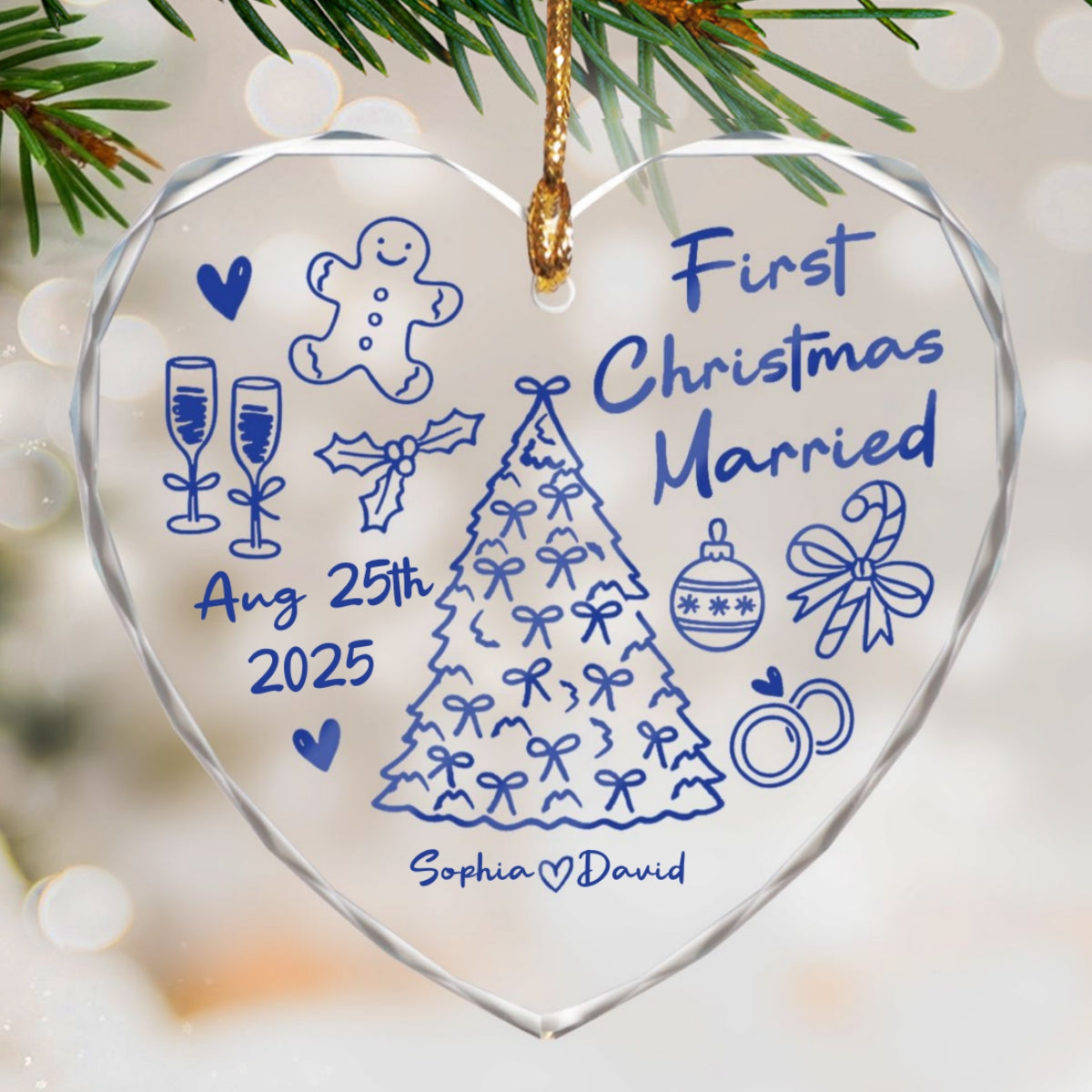 First Christmas Married Doodle - Personalized Glass Ornament - Christmas Gift For Him, For Her, For Couple
