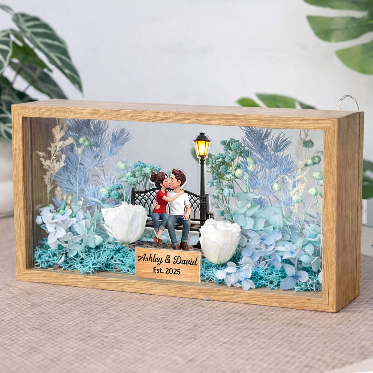 Eternal Love Couple Sitting Kissing - Personalized DIY Flower Shadow Box LED Night Light - Gift For Couple, For Him, For Her