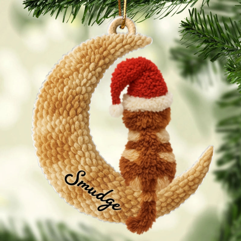Cats Sitting on Moon Latch Hook Yarn Faux - Personalized Acrylic Ornament - Christmas Gift for Cat Lovers