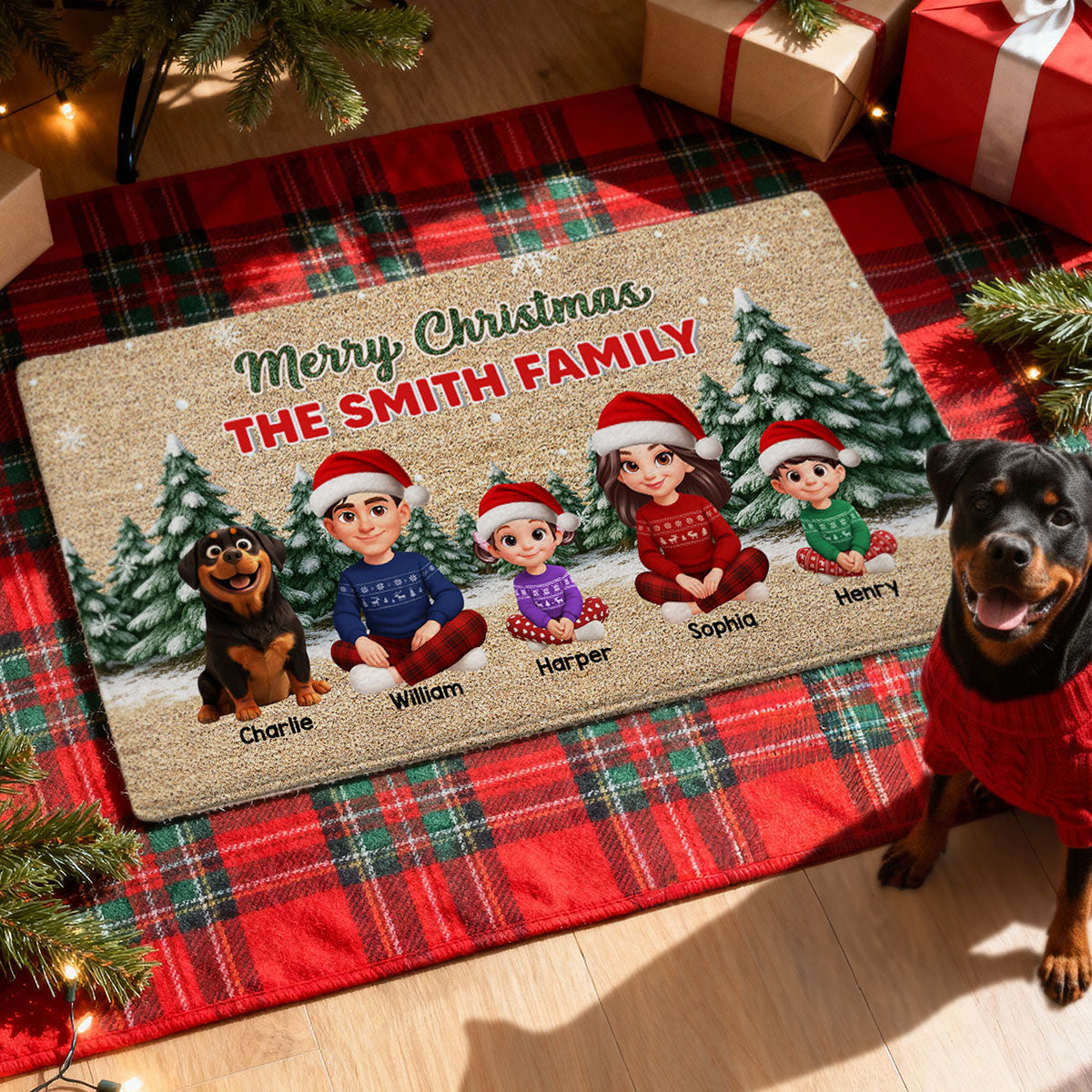 3D Effect Snowy Christmas Tree Beautiful Family Together Christmas - Personalized Doormat