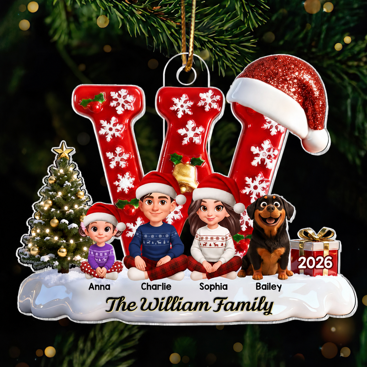 3D Effect Christmas Festive Family Name Initial Beautiful Family Together - Personalized Acrylic Ornament - Gift For Family