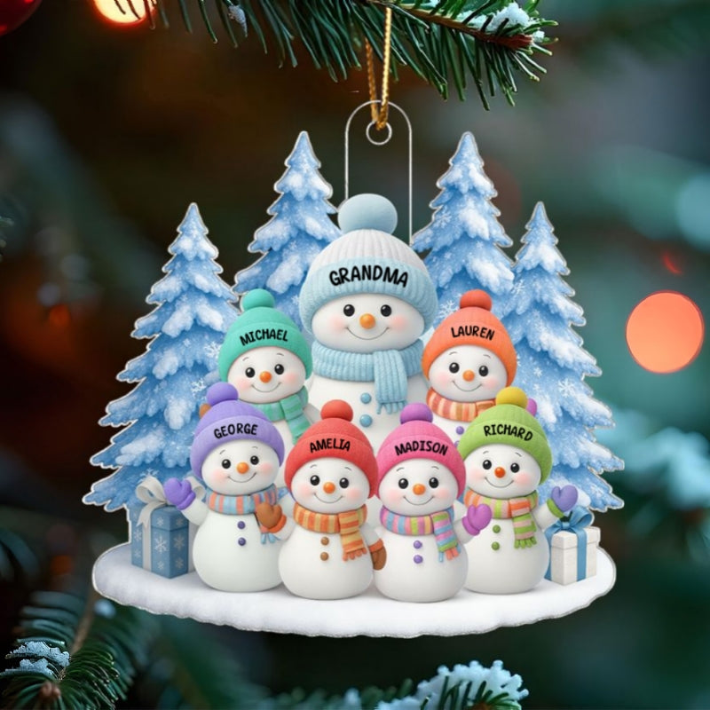 Snowman Grandma And Grandkids on Snow - Personalized Acrylic Ornament - Perfect Christmas Gift for Grandma