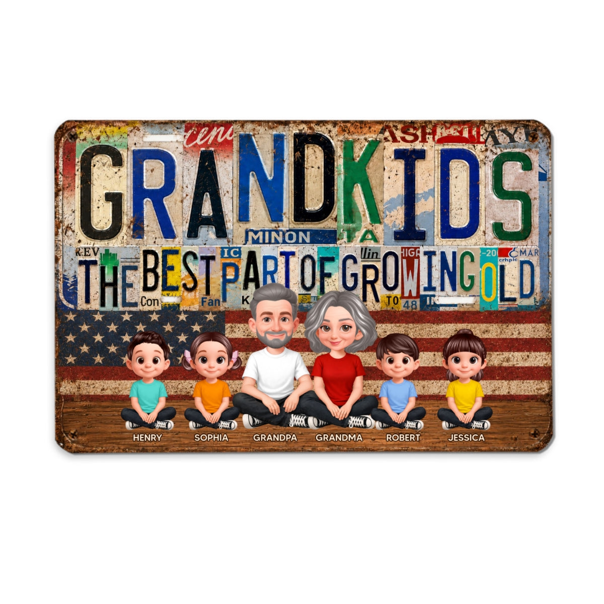 Grandkids Best Part Of Growing Old License Plate Style - Personalized Metal Sign - Gift For Grandparents, Patriotic Rustic Vintage