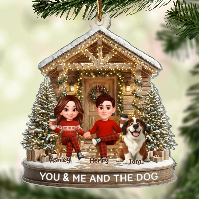 Couple And The Dogs Front Porch - Personalized Acrylic Ornament - Christmas Gift for him, for her