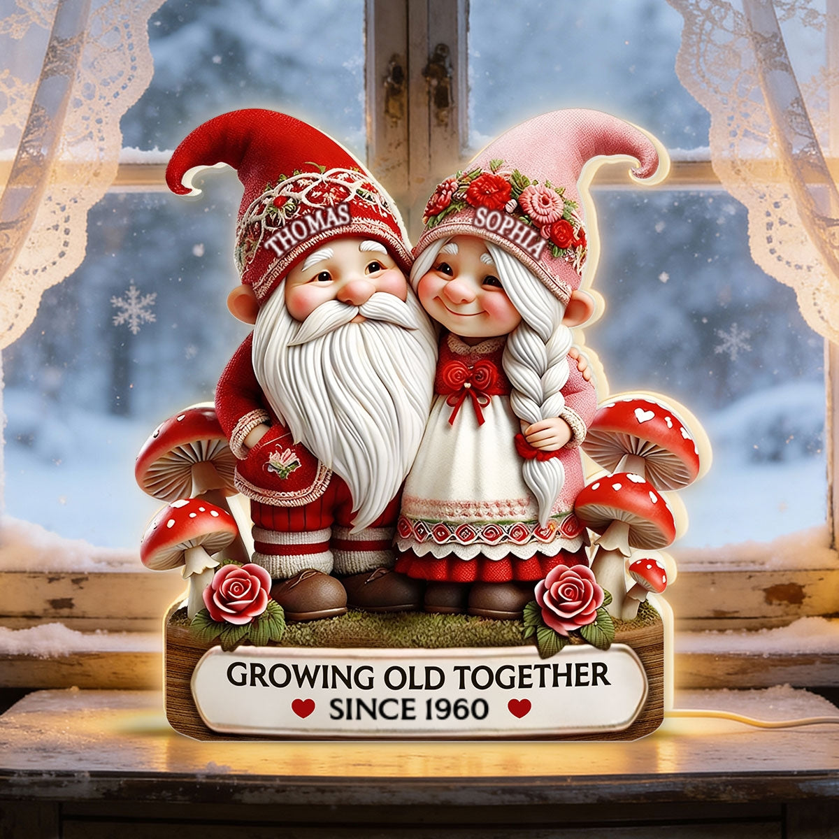 3D Effect Gnome Couple Growing Old Together - Personalized Light Box - Heartfelt Valentine's Day Gift, Anniversary Gift For Couple, For Him, For Her
