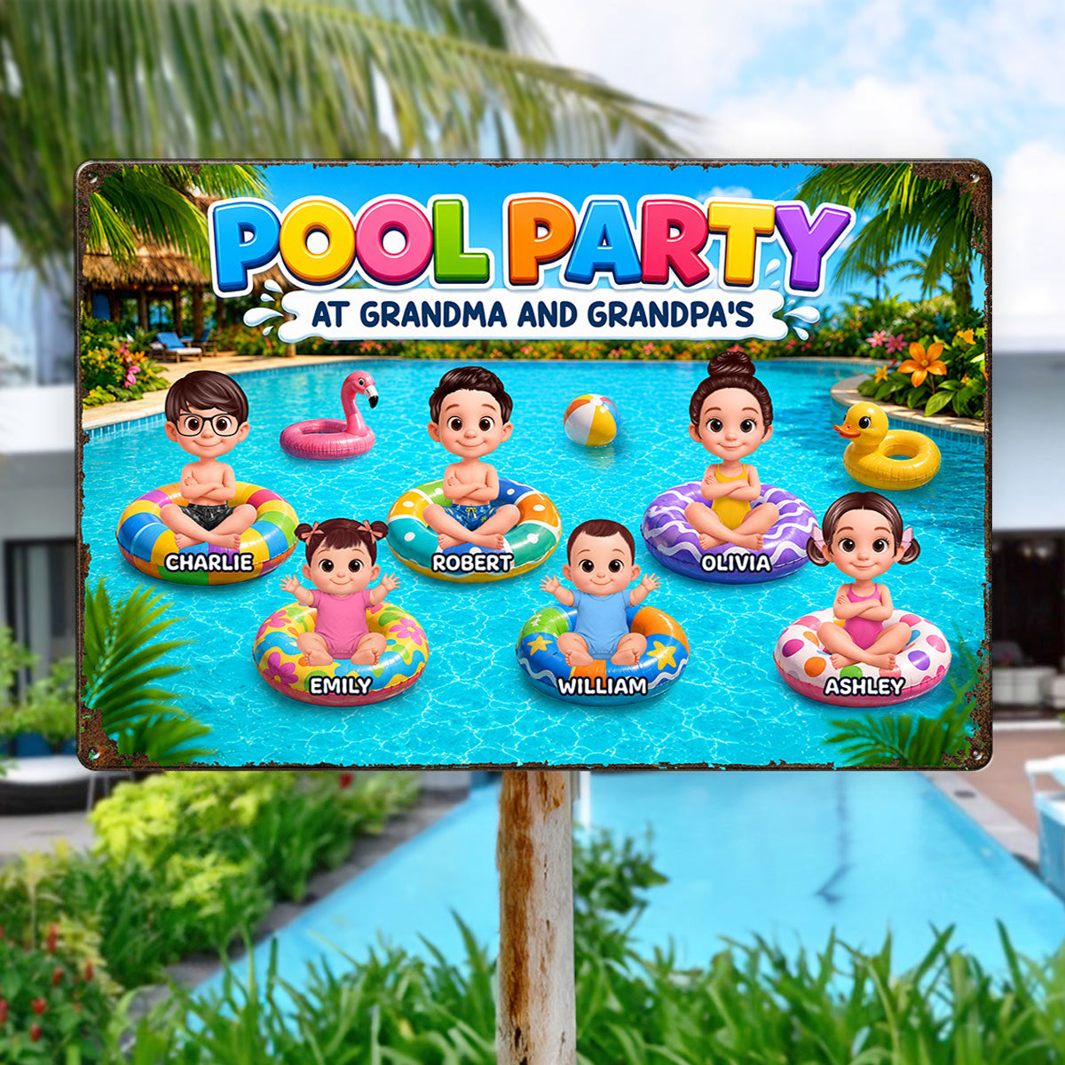 Pool Party At Grandpa Grandma's - Personalized Metal Sign - Gift For Grandparents, Summer Poolside Decoration