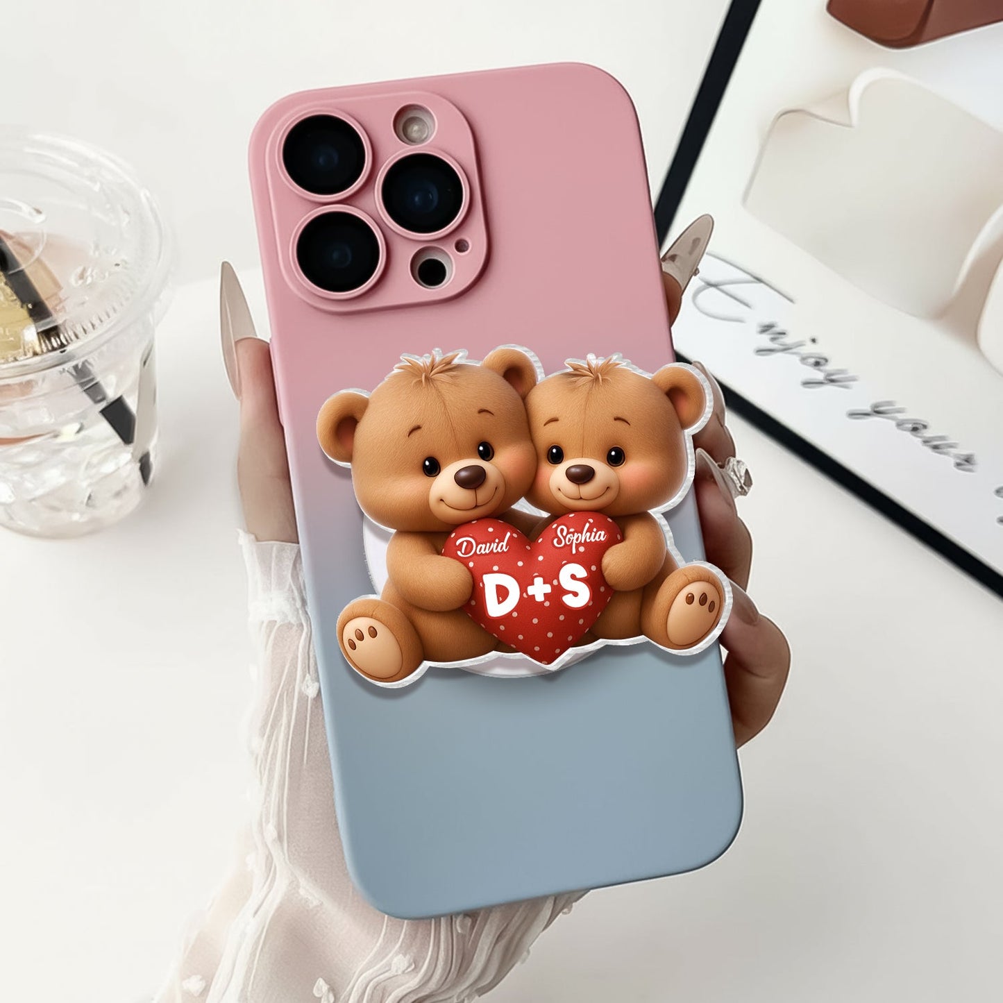 Bear Couple Holding Heart - Personalized Acrylic Magnetic Phone Grip - Gift for him, for her, Matching Phone Grips for Couple