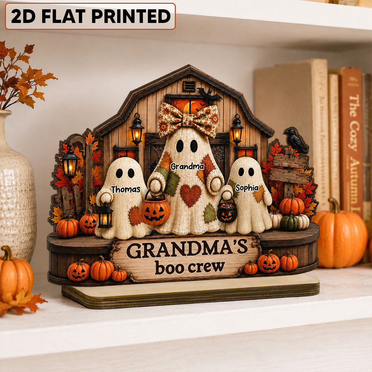 Fall Season Halloween Rustic Patchwork Style Grandma's Boo Crew - Personalized 2-Layered Wooden Plaque - Fall Halloween Decor For Grandma