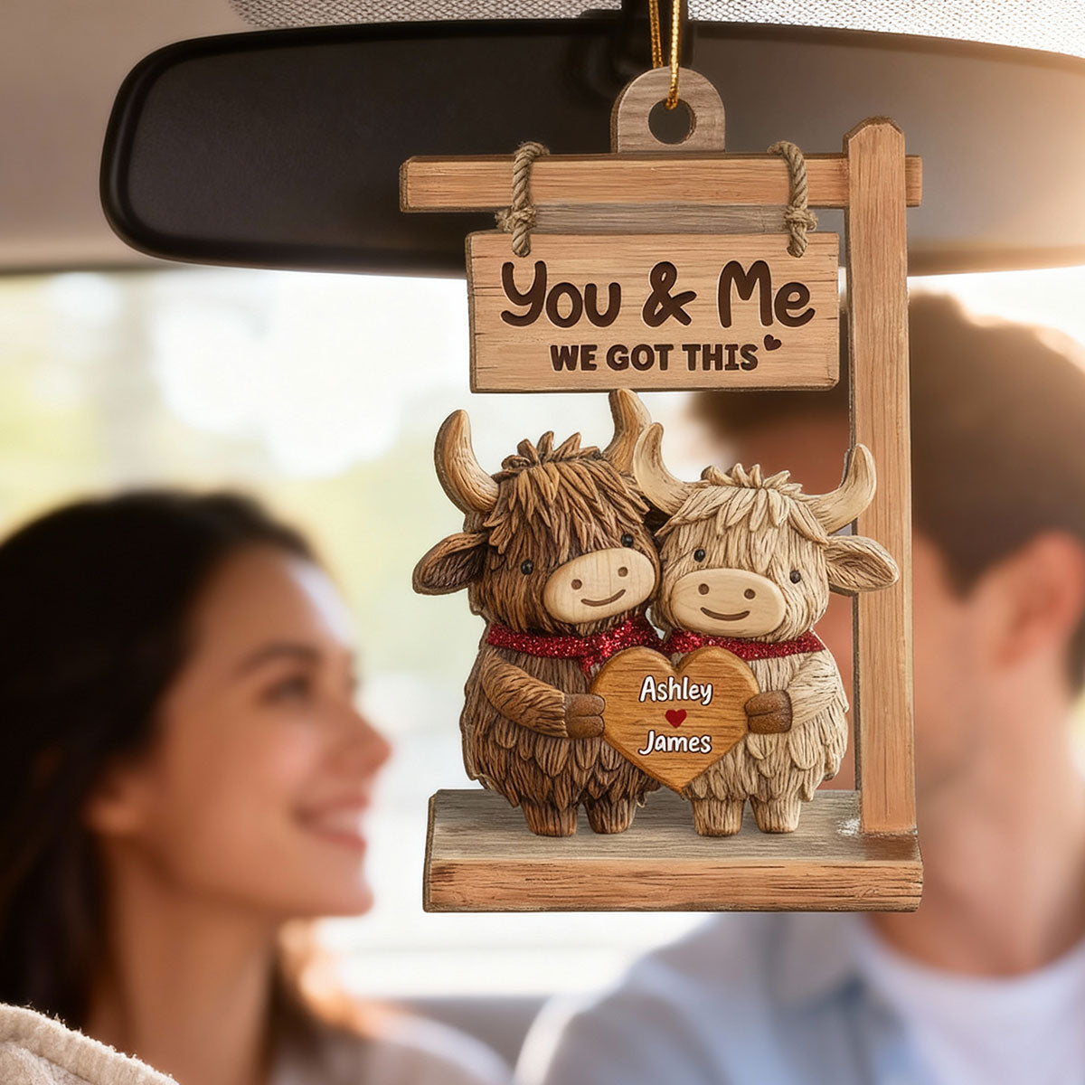 3D Effect Highland Cows Couple - Personalized Wooden Ornament - Gift For Him, Gift For Her