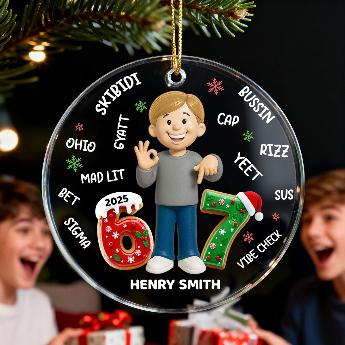 Teen Kid Custom Name Six Seven 3D Effect - Personalized Acrylic Ornament - 2025 Slang, Funny Teen Grandkid, Gen Alpha Christmas Gift