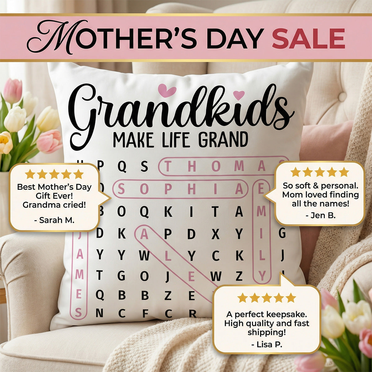 Grandma's Favorite People Word Search Puzzle - Personalized Pillow - Mother's Day Gift For Grandma Mom