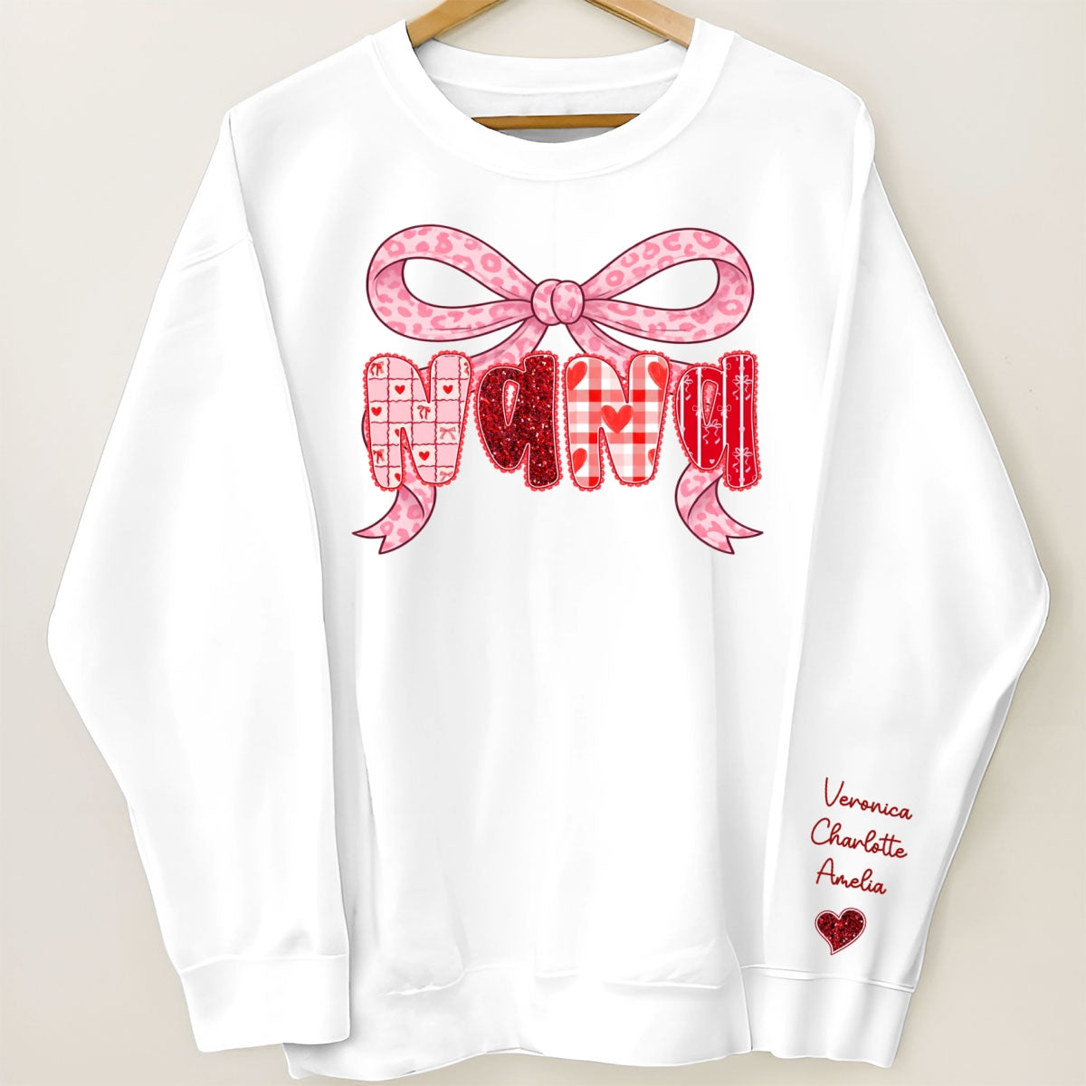 Preppy Valentine Pattern Grandma Mom Nana With Kids Name - Personalized Sleeve Printed Sweatshirt - Valentine's Day Gift For Grandma