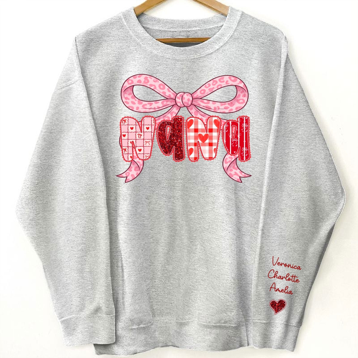 Preppy Valentine Pattern Grandma Mom Nana With Kids Name - Personalized Sleeve Printed Sweatshirt - Valentine's Day Gift For Grandma