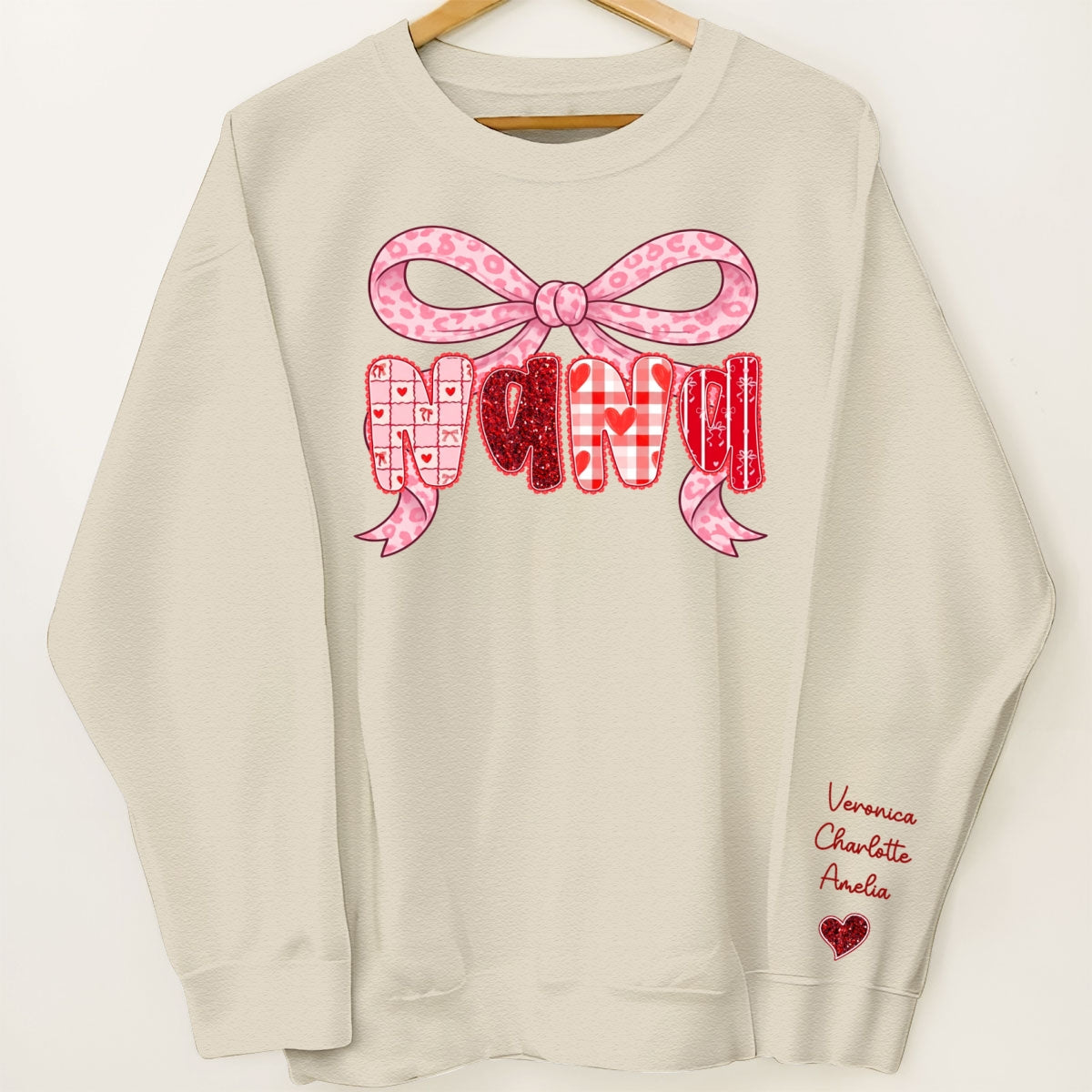 Preppy Valentine Pattern Grandma Mom Nana With Kids Name - Personalized Sleeve Printed Sweatshirt - Valentine's Day Gift For Grandma