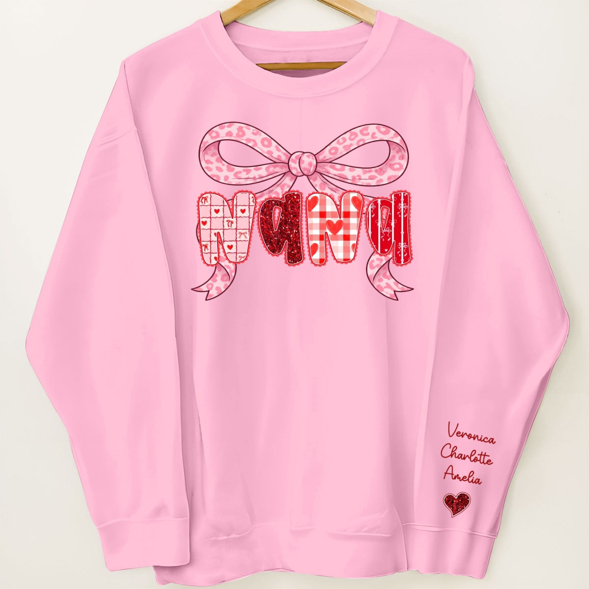 Preppy Valentine Pattern Grandma Mom Nana With Kids Name - Personalized Sleeve Printed Sweatshirt - Valentine's Day Gift For Grandma