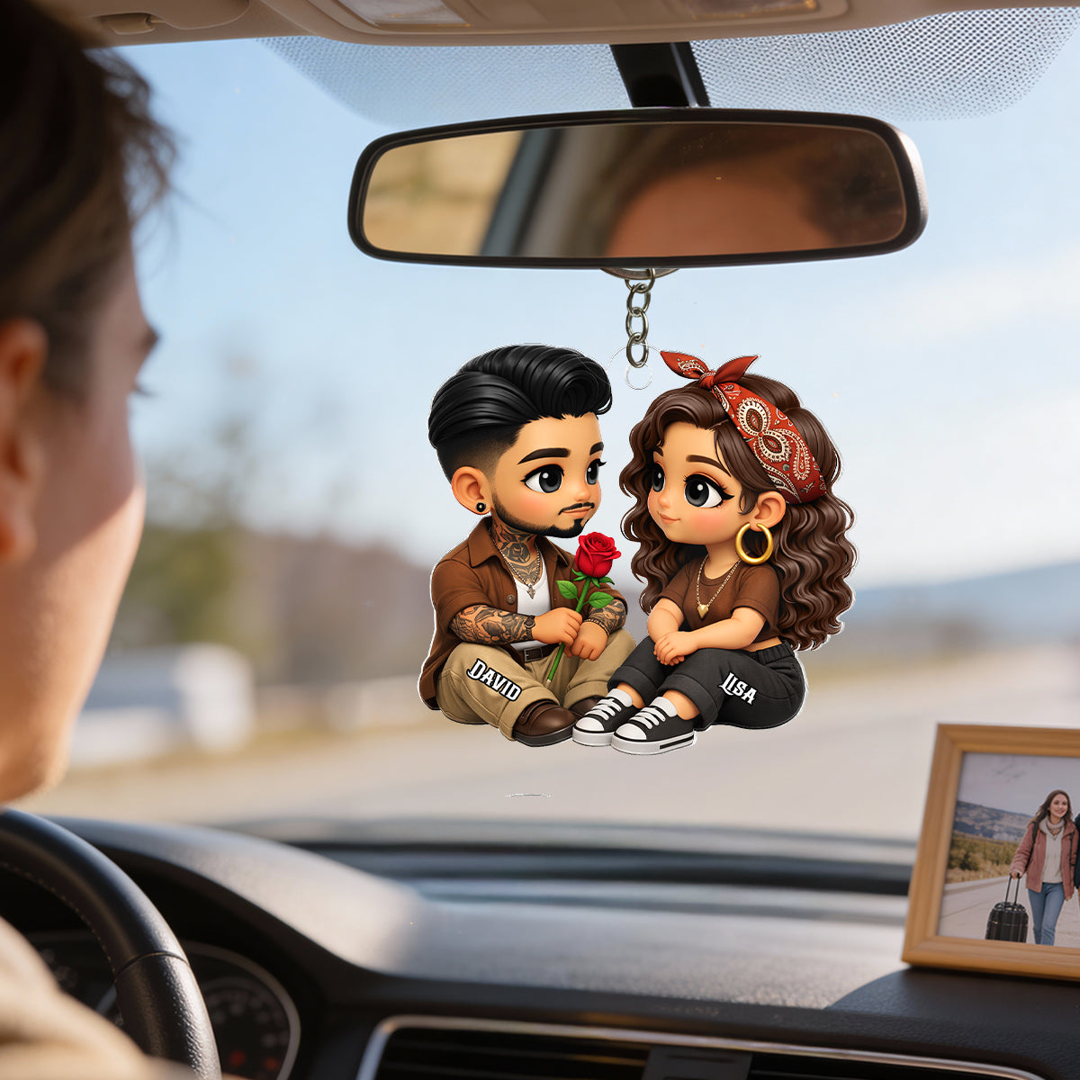 3D Effect Cute Couple A Rose For You - Personalized Acrylic Car Hanger - Valentine's Gift For Him, For Her, For Couple