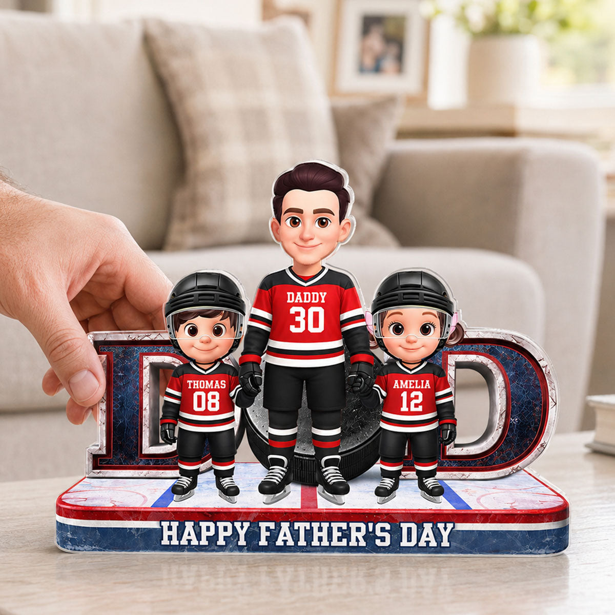 Hockey Dad And Kids Together Front View - Personalized Acrylic Block Plaque -  Gift For Dad, Husband