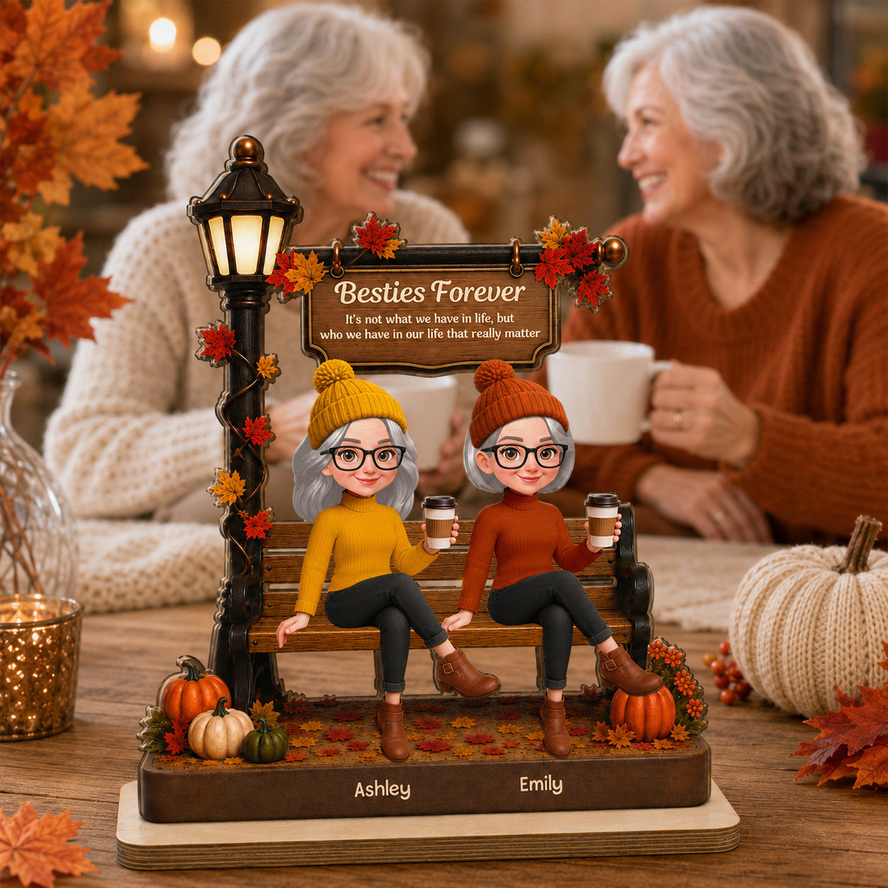 Fall Season Besties Sitting Under Lamp Post - Personalized Wooden Plaque