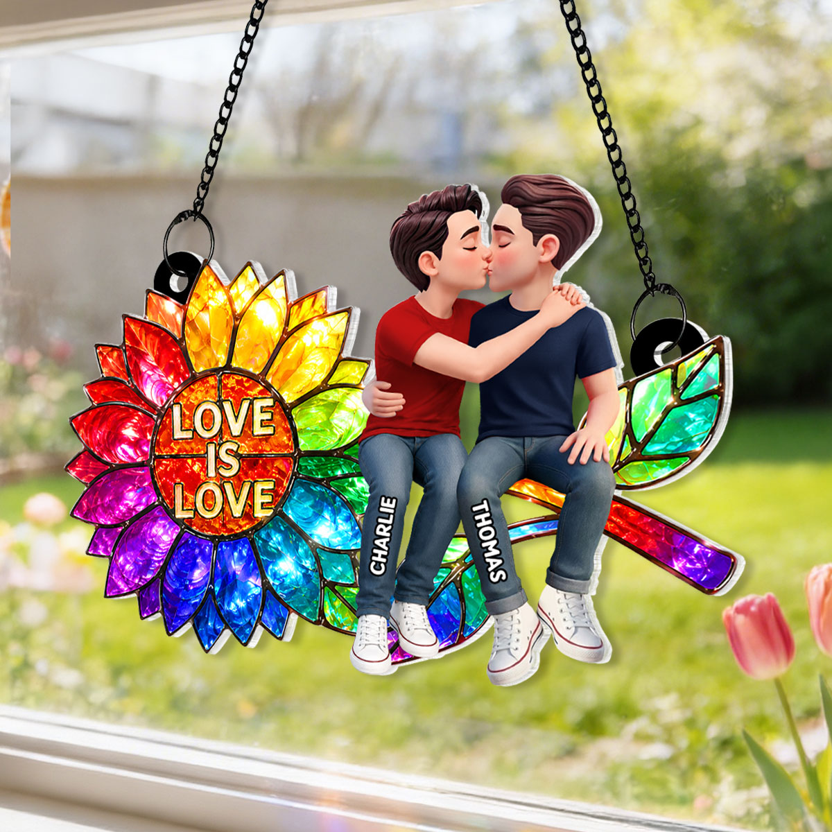 Sunflower Love is Love LGBT Couple - Personalized Suncatcher - Heartfelt Gift for Her, for Him