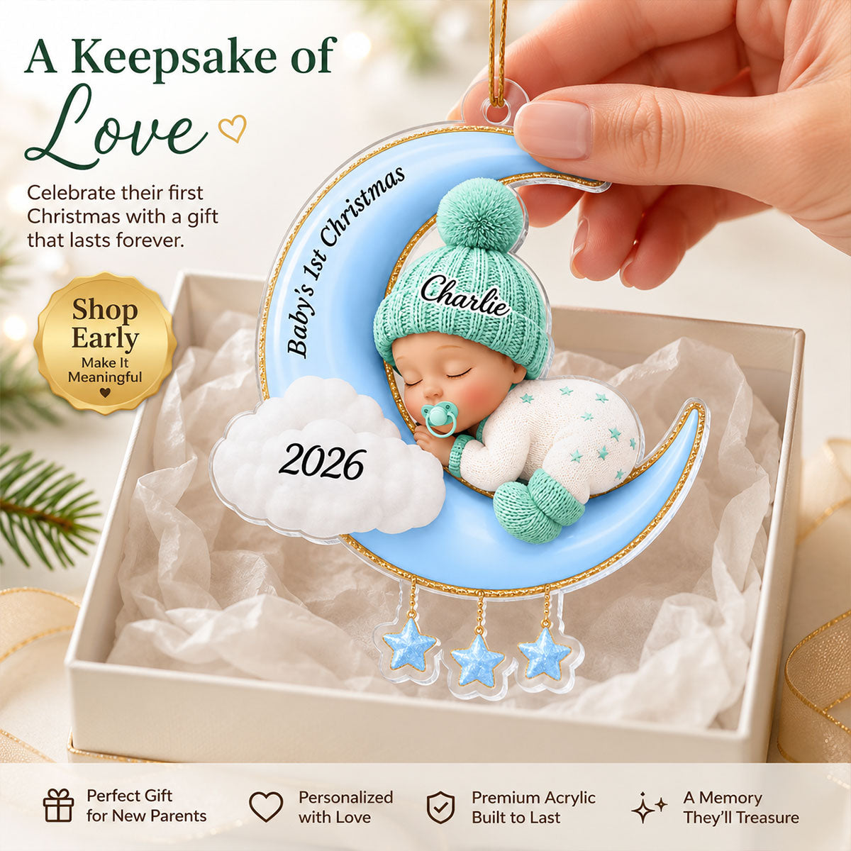 Baby First Christmas On The Moon - Personalized Acrylic Ornament - Baby Boy Girl Gift for Couples, New Parents Keepsake, Gift for Newborn