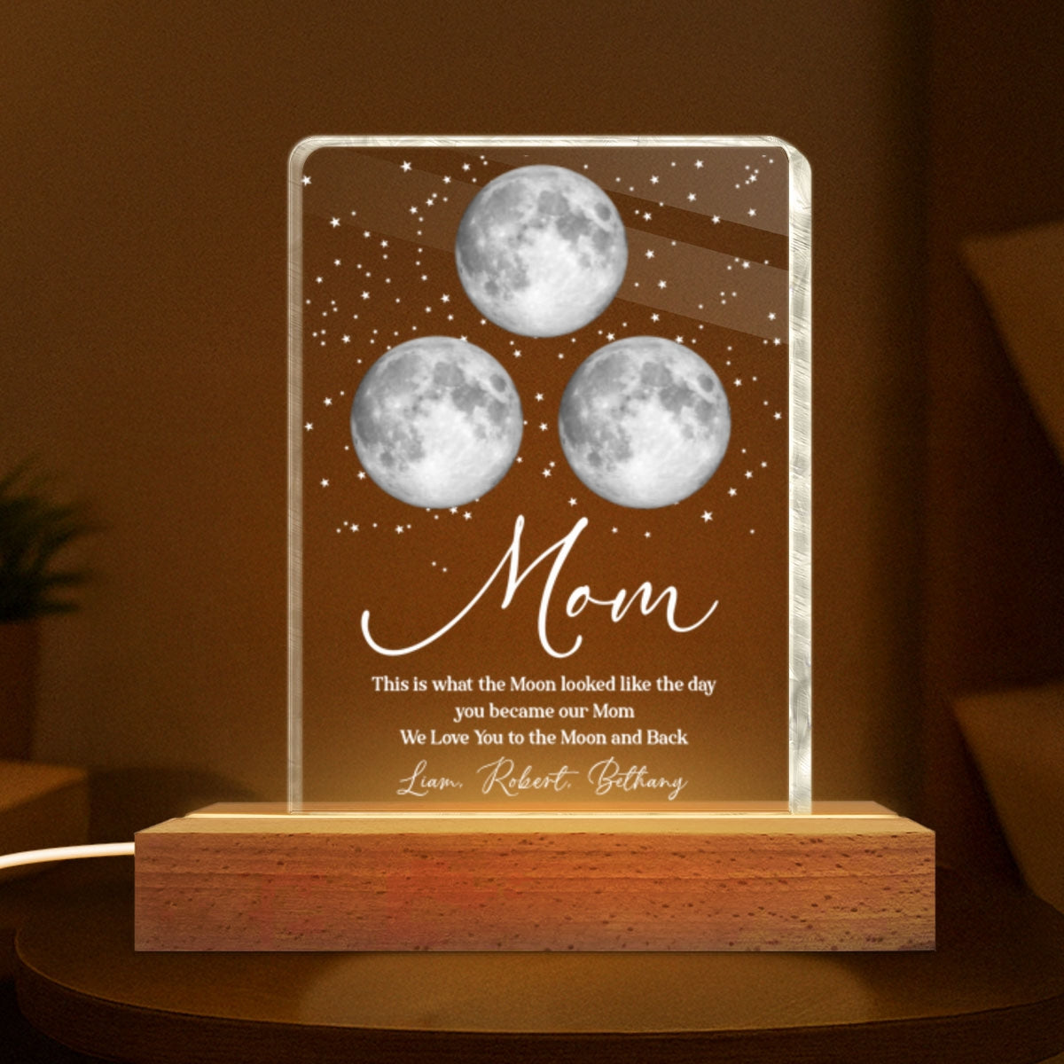 Mom I Love You to the Moon and Back, Custom Moon Phase by Date - Personalized Acrylic Block LED Night Light - Heartfelt Gift for Mom