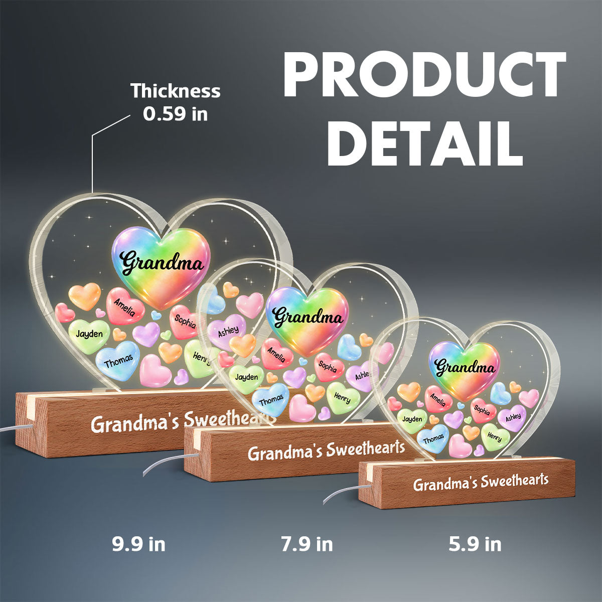 Grandma's Sweethearts In Heart - Personalized Acrylic Block Plaque LED Night Light - Gift For Grandma