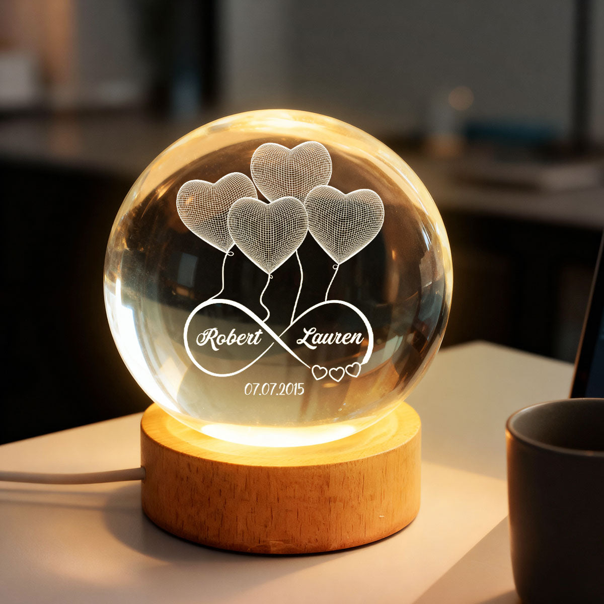Couple Infinity Love Heart Balloon - Personalized Crystal Ball LED Night Light - Sentimental Gift for Her, for Him, Couple Keepsake
