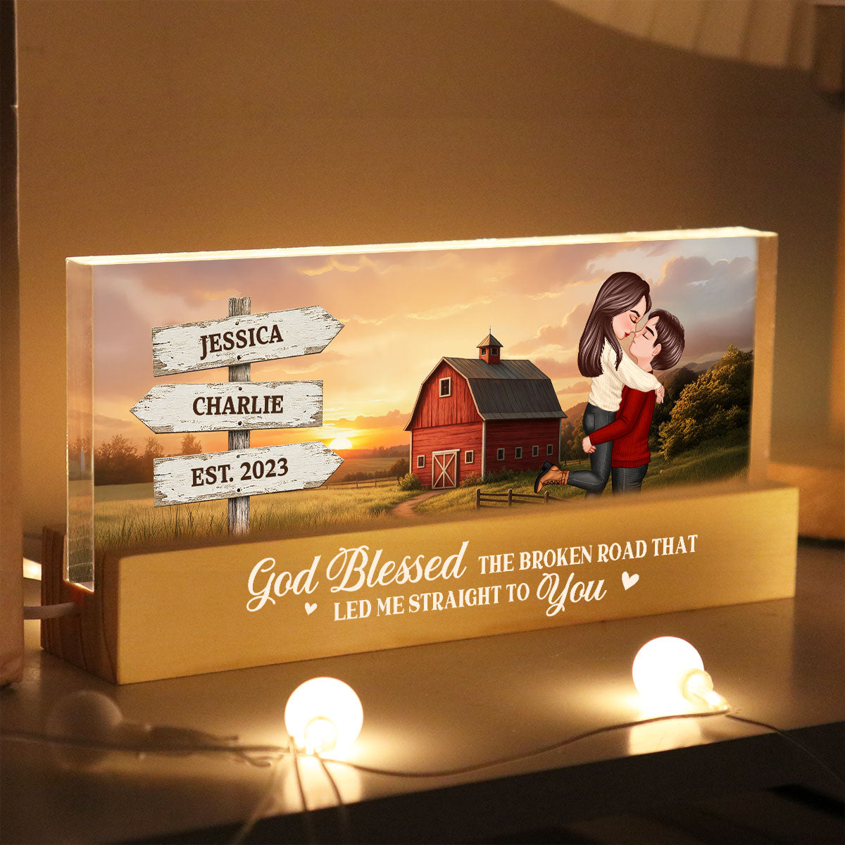 Rustic Nostalgia Red Barn House Sign Posts Couple Hugging Kissing Farmhouse Decor - Personalized Acrylic Block Plaque LED Night Light - Heartfelt Valentine, Anniversary Gift For Him, For Her