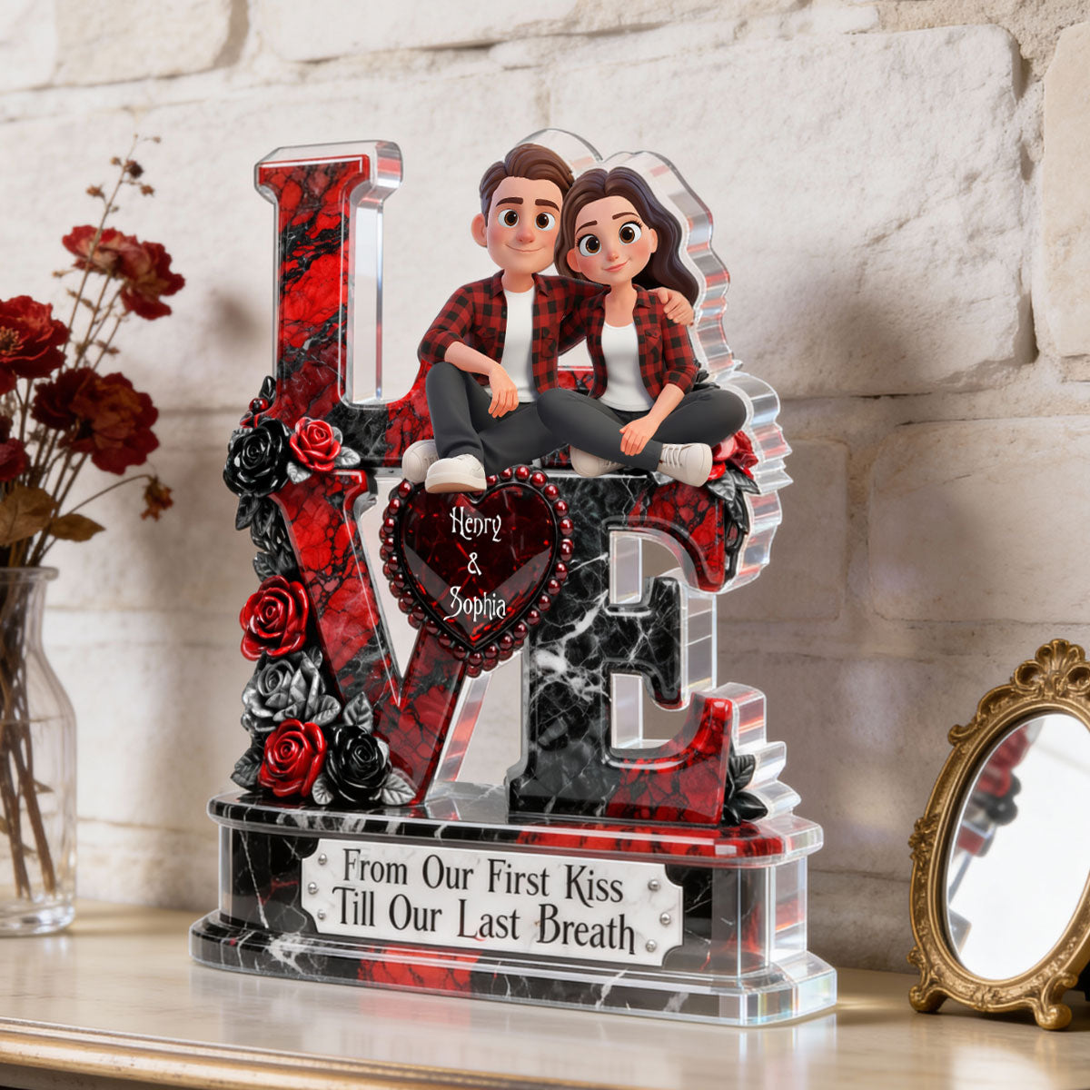 Couple Dark Romantic From Our First Kiss - Personalized Acrylic Block Plaque - Anniversary, Valentine's Day Gift, Gift For Him, Gift For Her