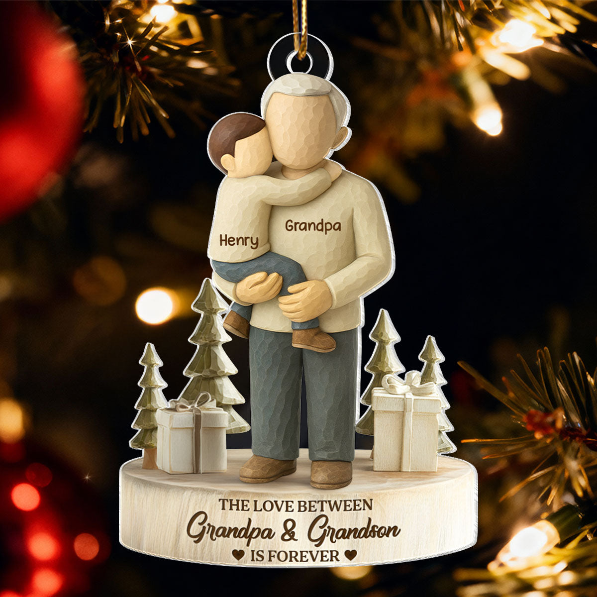 The Love Between Grandpa and Grandson, Granddaughter is Forever - Personalized Acrylic Ornament - Heartwarming Christmas Gift for Grandpa