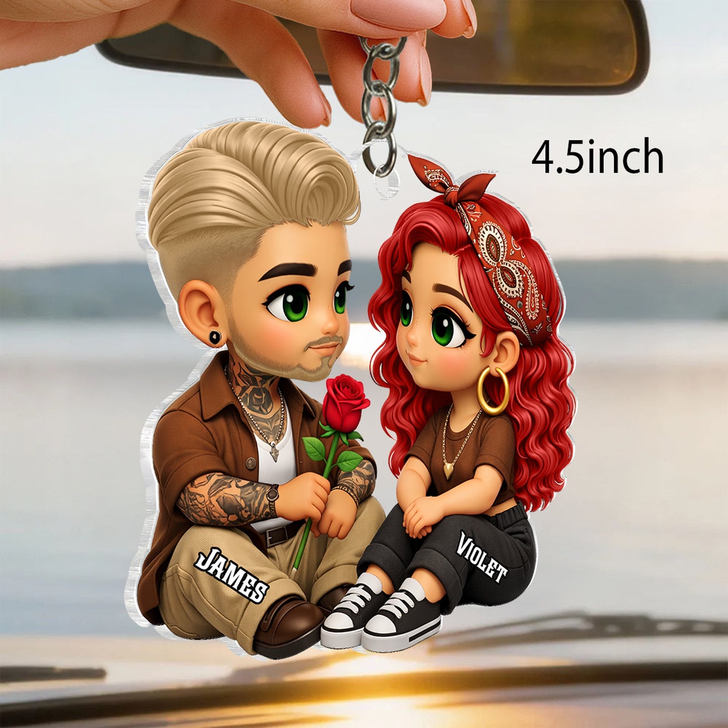 3D Effect Cute Couple A Rose For You - Personalized Acrylic Car Hanger - Valentine's Gift For Him, For Her, For Couple