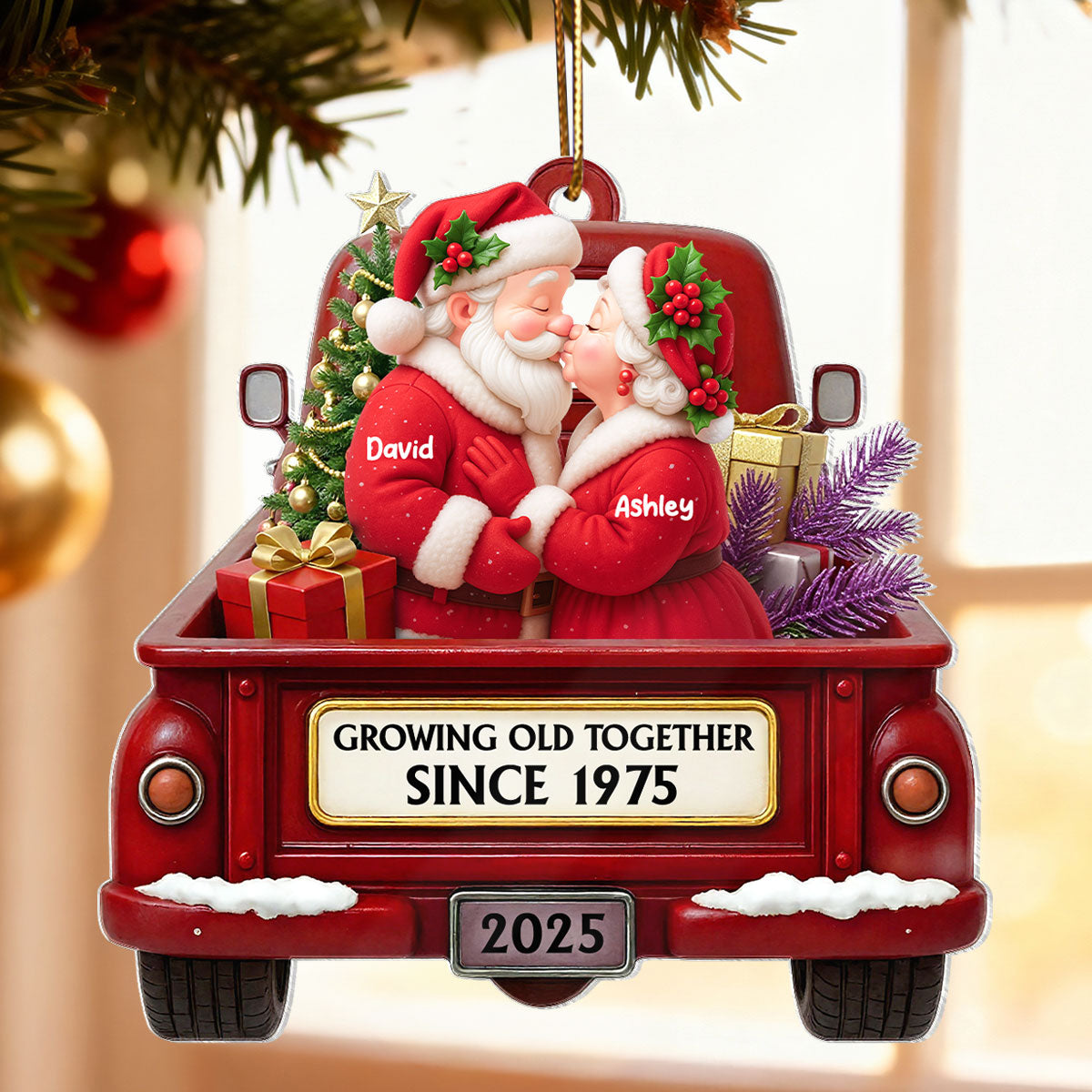 Growing Old Together Santa Couple Red Truck - Personalized Acrylic Ornament - Heartwarming Christmas Gift For Him, For Her, For Couple