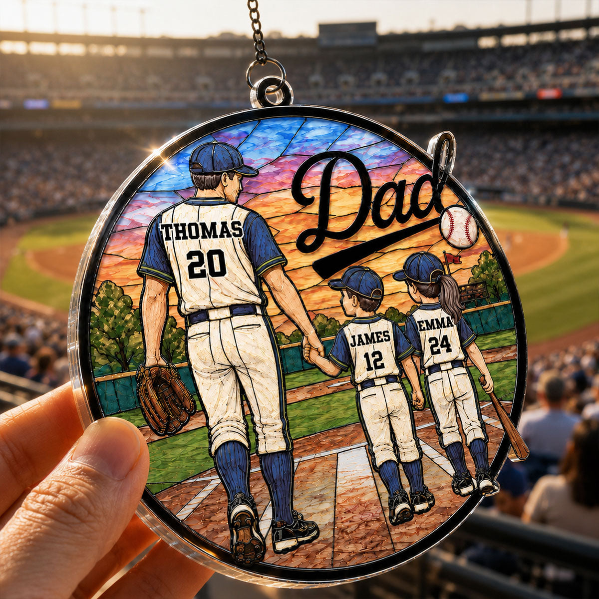 Baseball Dad & Kids 2D Flat - Personalized Suncatcher Ornament - Father's Day Gift For Baseball Dad