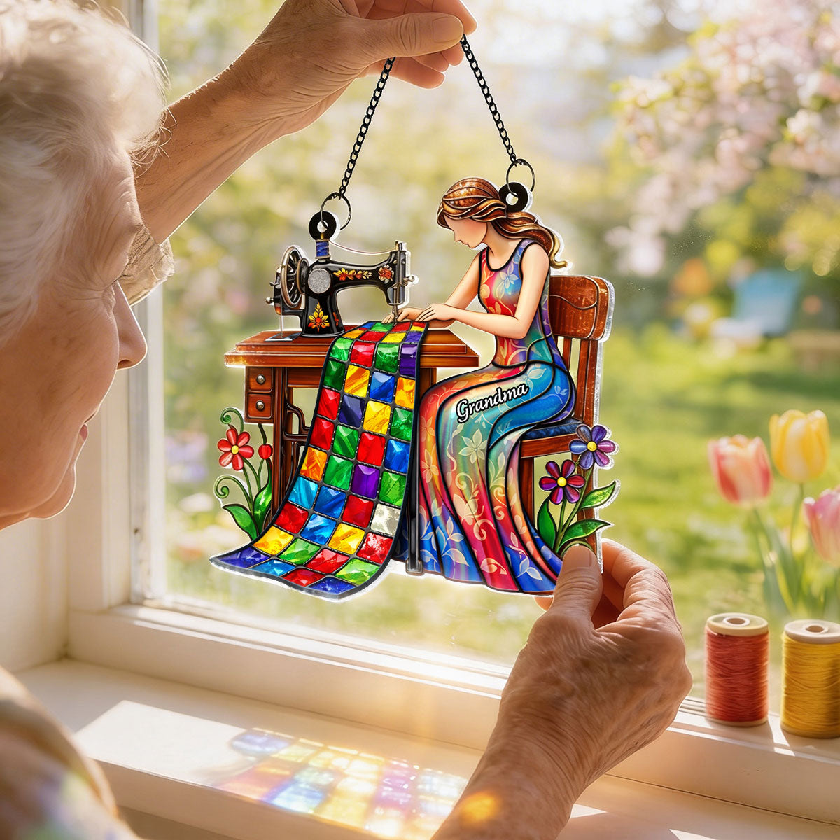 Mom Grandma Sewing Colorful Quilt - Personalized Suncatcher - Gift For Mom, Grandma