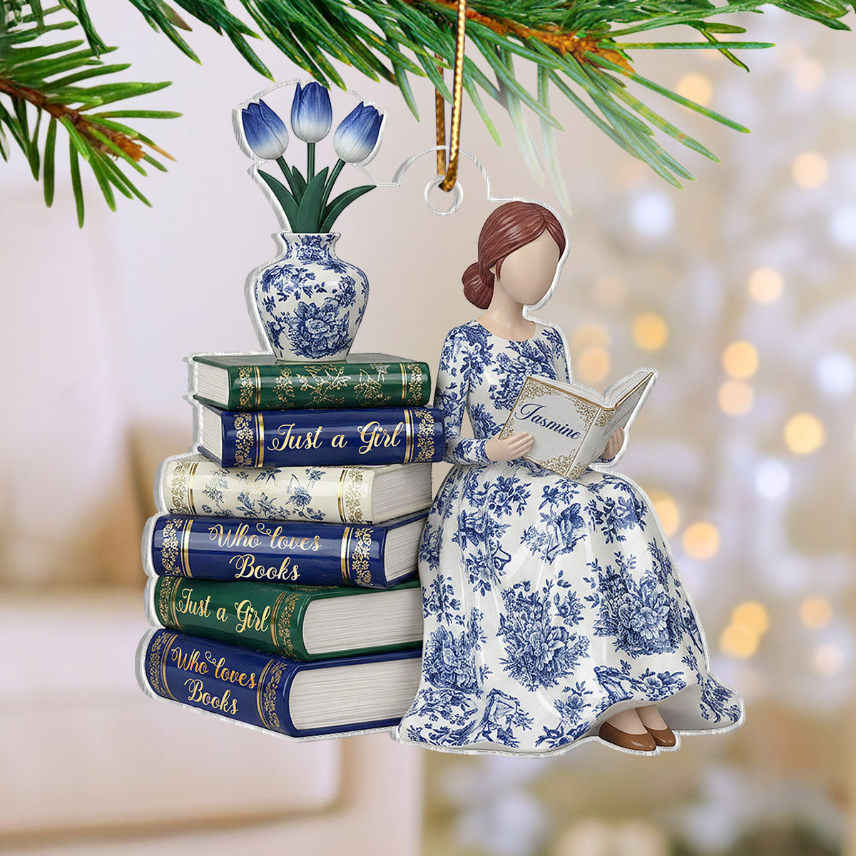 3D Effect Girl Reading Books Toile De Jouy Pattern - Personalized Acrylic Ornament - Christmas Gift For Book Lover, Bookworm