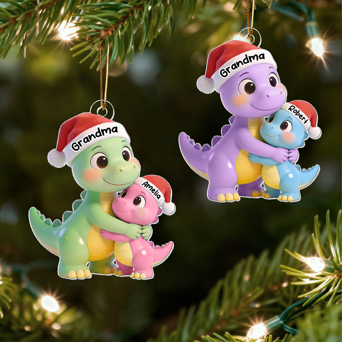 3D Effect Heartwarming Happy Grandmasaurus With Dinosaur Grandkid - Personalized Acrylic Ornament - Gift For Grandkids