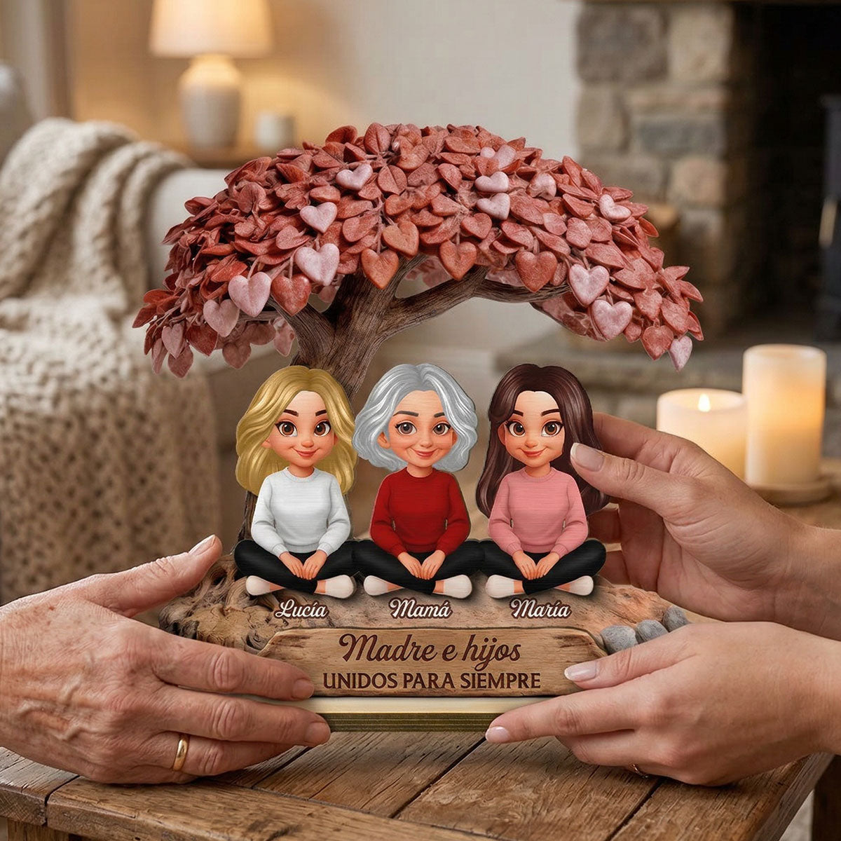Mamá y Hija Hijo Bajo el Árbol del Corazón - Placa de Madera Personalizada de 2 Capas - Regalo para Mamá